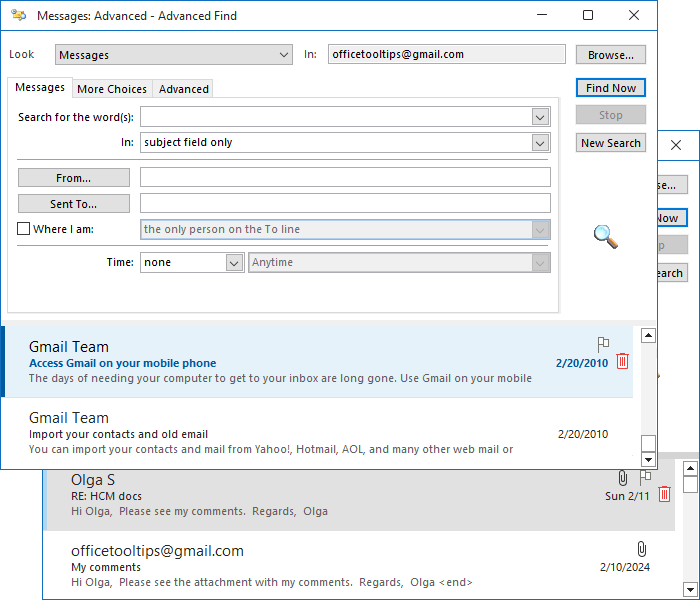 Advanced Find dialog box in Outlook 365