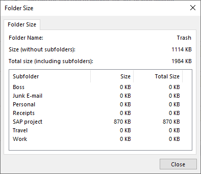 Deleted Items Folder Size dialog box in Outlook 365