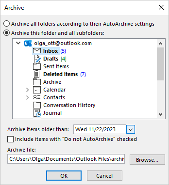 AutoArchive dialog box 2 in Outlook 365