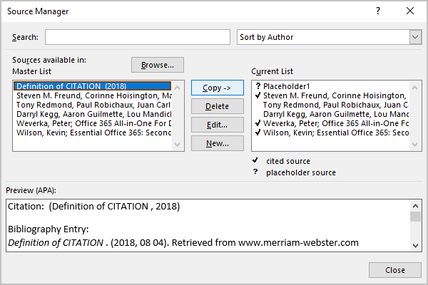 Buttons in Source Manager in Word 365