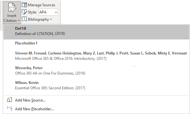 The citations in Word 365
