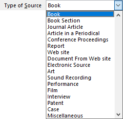 Type of Source list in Word 365