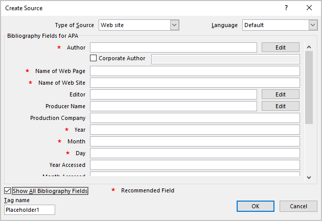 Show All Bibliography Fields in Word 365