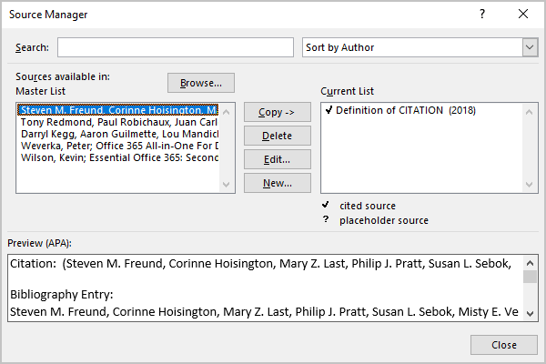 Source Manager in Word 365