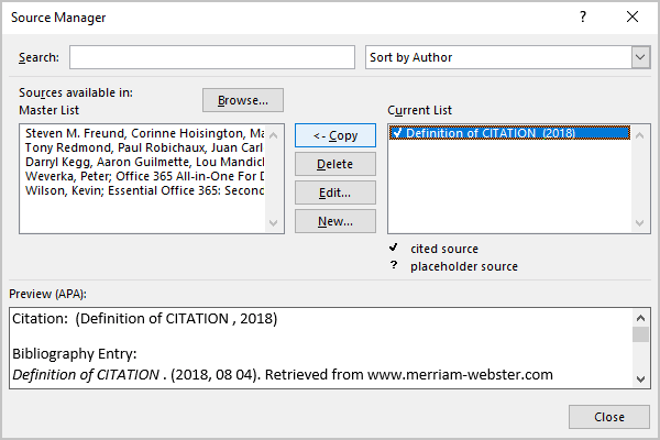 Source Manager 2 in Word 365