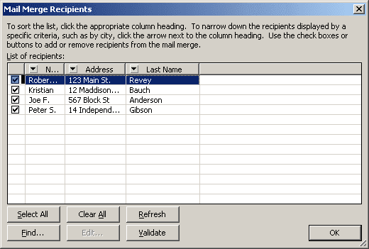 Mail Merge Recepients in Word 2003