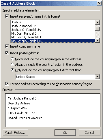Insert Address Block in Word 2003