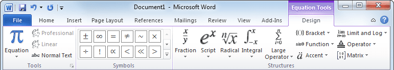 Equation Tools Design in Word 2010