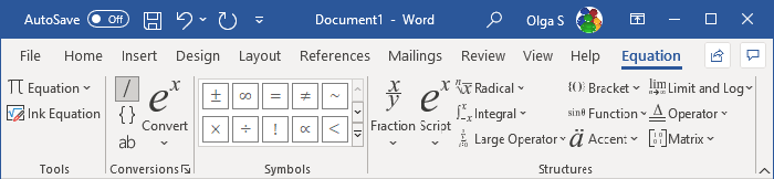 Equation Tools Design in Word for Microsoft 365 Equation Tools Design in Word 365