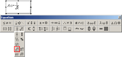 Square root in Word 2003