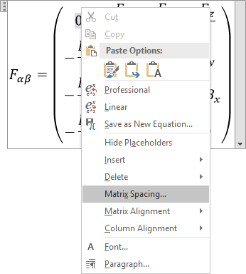 Matrix Spacing in Word 2016