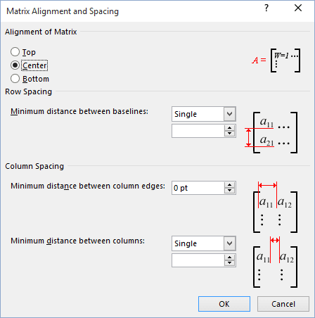 Matrix spacing in Word 2016