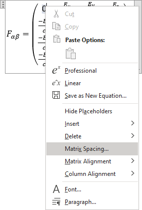 Matrix Spacing in Word 365