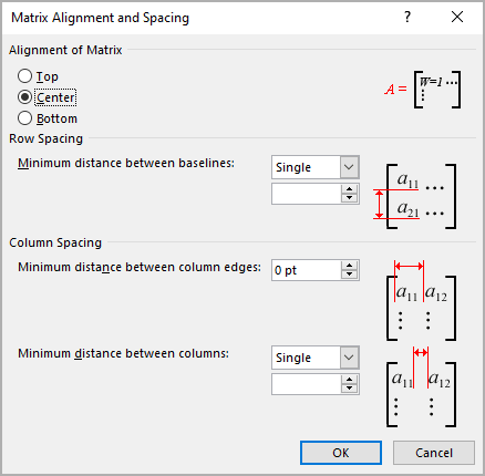 Matrix spacing in Word 365