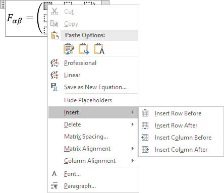 Insert matrix in equations Word 2016