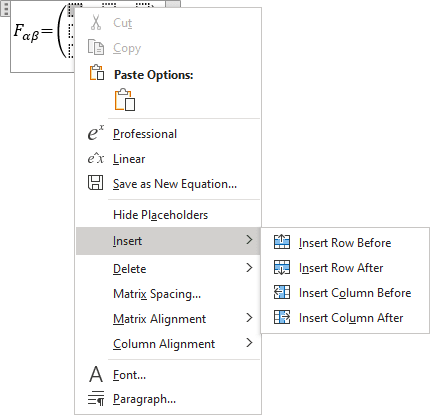 Insert matrix in equations Word 365