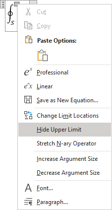 Hide Upper limit in popup menu Word 365