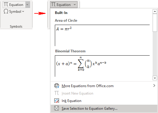 Equations button with menu in Word 365