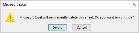 Delete sheet message in Excel 365