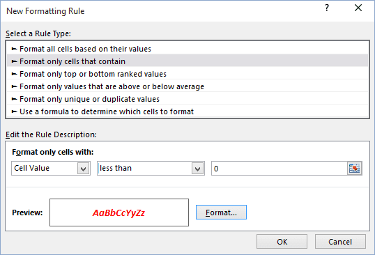 New Formatting Rule in Excel 2016