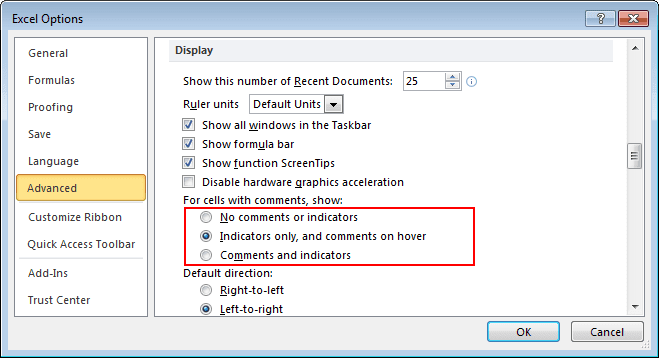 Indicator options in Excel 2010