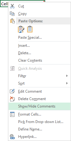 comment popup in Excel 2013