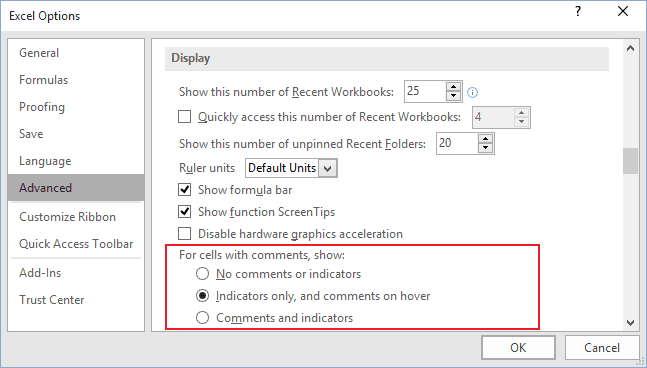 Indicator options in Excel 2016