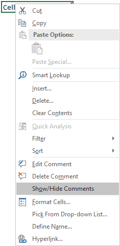 comment popup in Excel 2016