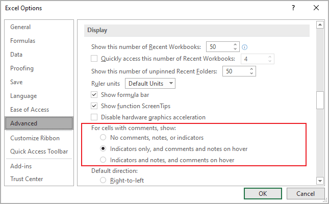 Indicator options in Excel 365