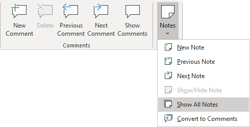 Show All Notes in Excel 365