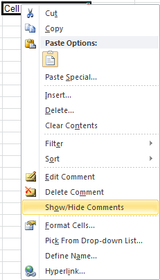 Comment popup in Excel 2010