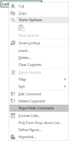 Comment popup in Excel 2016