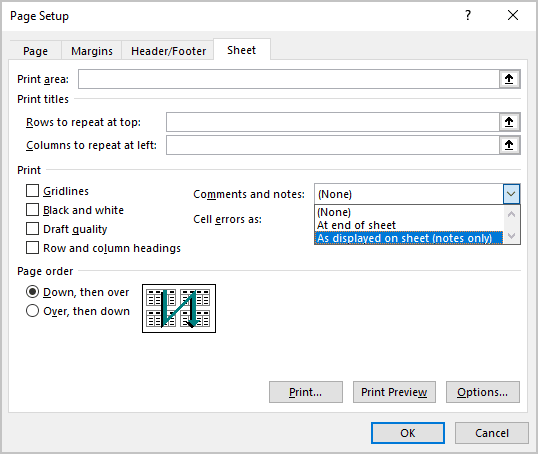 As displayed on sheet in Page Setup dialog box Excel 365