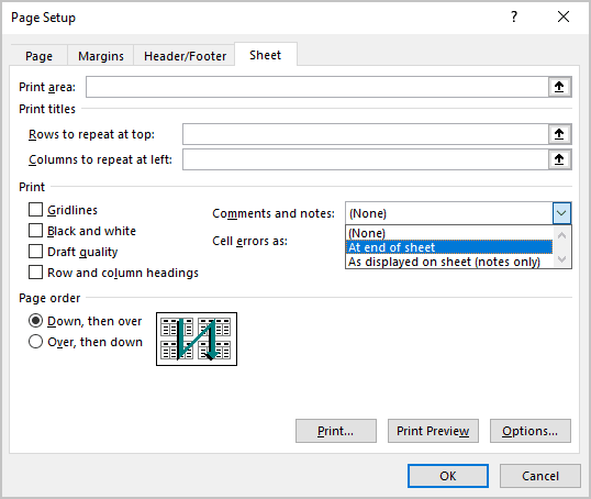 At end of sheet in Page Setup dialog box Excel 365