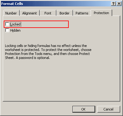Format Cells Locked in Excel 2003
