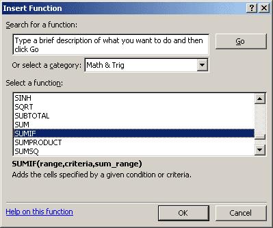 Insert Function Excel 2003