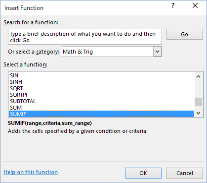 Insert Function in Excel 2016