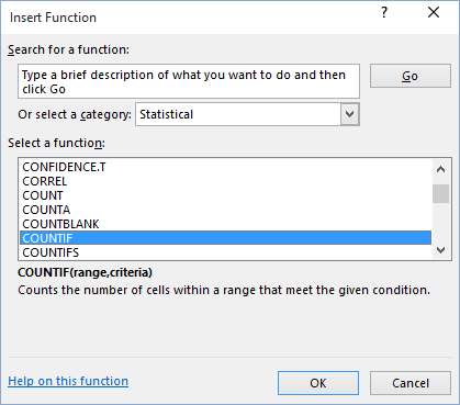 Insert Function Excel 2016