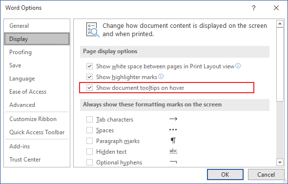 Dispaly tab Word for Microsoft 365 Display tab Word 365