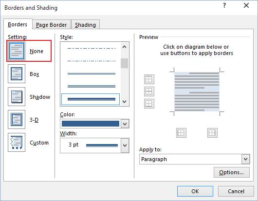 Remove borders in Word 2016