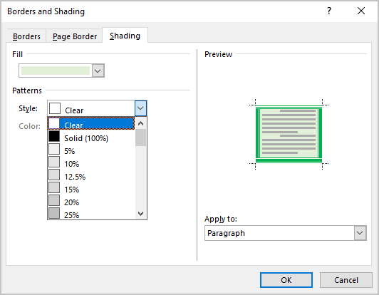 Shading in Word 365