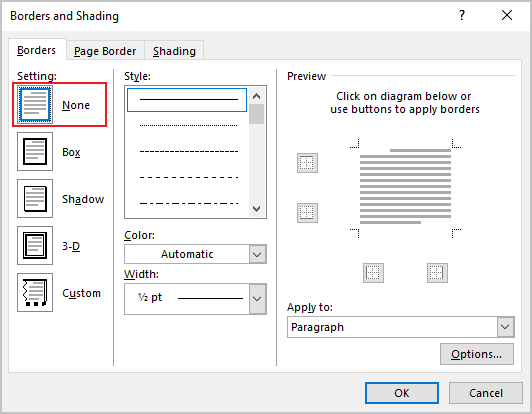 Remove borders in Word 365