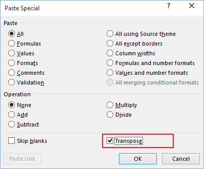 Paste Special in Excel 2016