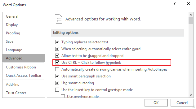 Use CTRL + Click to follow hyperlink in Word 2016