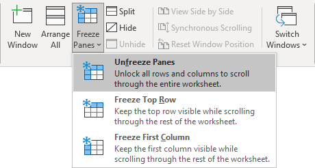 Unfreeze Panes in Excel 365