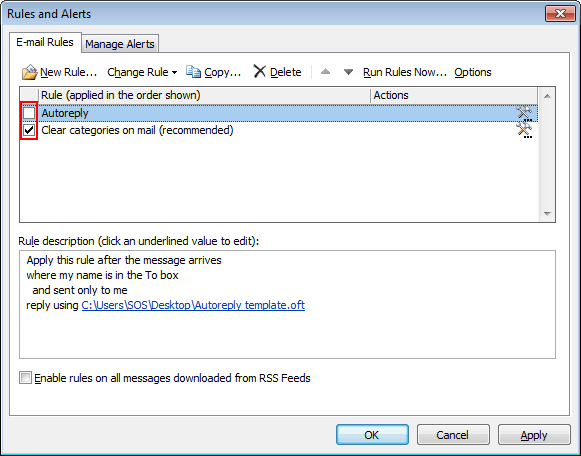 Turn off rules in Outlook 2010