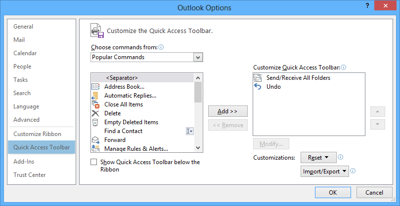 Outlook 2013 Options