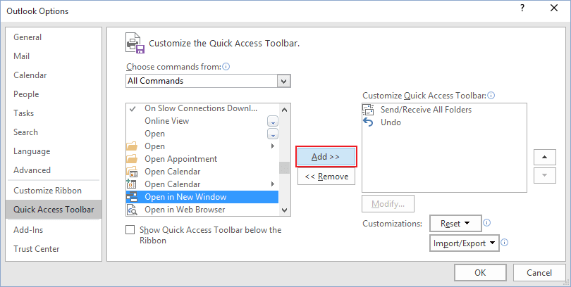 Add command to Quick Access Toolbar in Outlook 2016