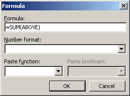 SUM formula in Word 2003