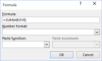 SUM formula in Word 2016